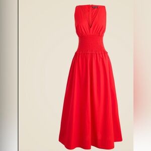 J. Crew plunge Red Smocked Waist dress in  Cotton poplin